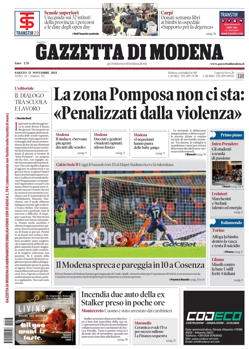 Prima-pagina-gazzetta di modena-oggi-edizione-del-2024-11-23